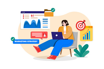 Woman Analyzing Data with Laptop on Transparent Background Flat Design Illustration Style for Marketing Financial Target and Chart