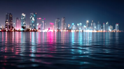Fototapeta premium Vibrant Cityscape Reflection on Water at Night with Skyscrapers and Illuminated Building in Deep Blue and Pink
