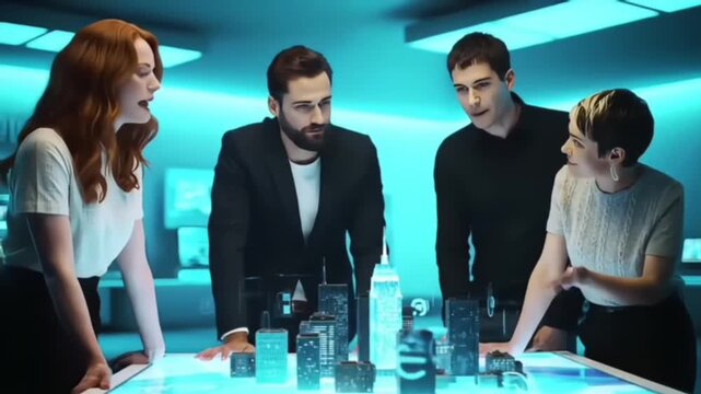 Innovative business strategy planning with a futuristic holographic user interface projecting data over a meeting table