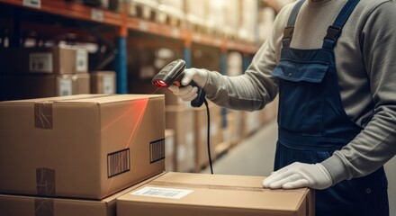 Warehouse worker scans a cardboard box with a barcode scanner