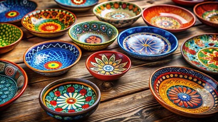 Vibrant Handcrafted Ceramics on Rustic Wooden Plates - Flat Lay Macro Photography