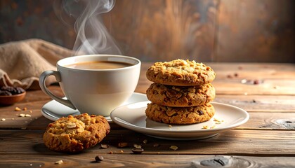 Warm cookies and coffee on a rustic table
