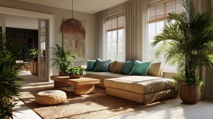 Bohemian Living Room: A stylish living room with a cozy sofa, warm lighting, natural textures, and an abundance of potted plants, evoking a sense of comfort and serenity.