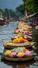 Vibrant Floral Offerings Adorn Waterway in Serene Procession of Boats
