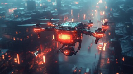 Futuristic Cyberpunk Drone Flying Over a Neon Lit Cityscape at Night. - Powered by Adobe