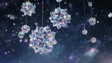 Ethereal crystal star ornaments suspended in a vibrant cosmic nebula, creating a magical and festive celestial display - Powered by Adobe