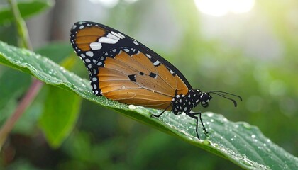 Obraz premium Orange butterfly perched on a dew-covered leaf, sunlit background