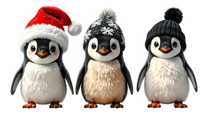 Fototapeta premium Adorable Penguin Bundle Wearing Cozy Hats, isolated on transparent background