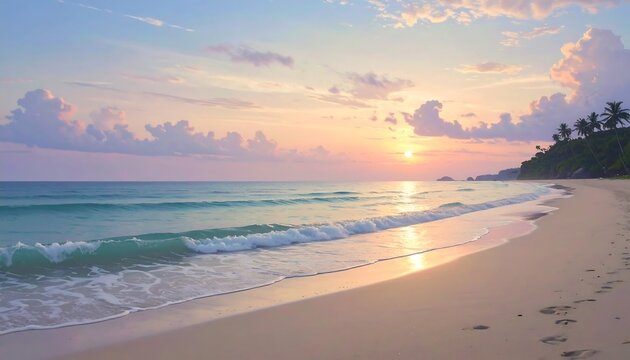 Serene sunset over tranquil ocean beach; gentle waves lap sandy shore