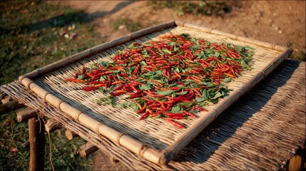 Fototapeta premium Colorful Red Chilies and Green Leaves Drying on Bamboo Tray Outdoors