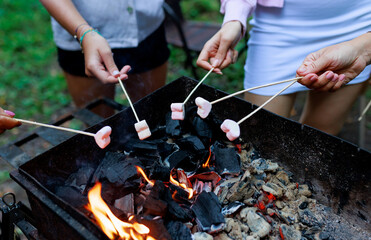 A girl's hand roasting heart-shaped marshmallows over a fire. Summer vacation fun.