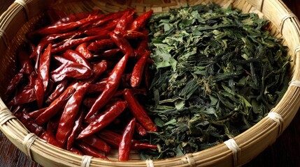Fototapeta premium Dried Red Chili Peppers and Green Herbal Leaves in a Basket
