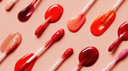 Artistic macro flat lay of lip gloss applicators with glossy drips in coral, red, and pink shades, modern clean background aesthetic