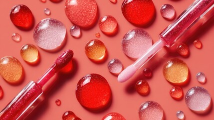 Beauty photography flat lay of lip gloss applicators with scattered drops of coral, red, and pink gloss, luminous glossy textures