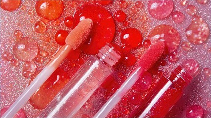 Beauty photography flat lay of lip gloss applicators with scattered drops of coral, red, and pink gloss, luminous glossy textures