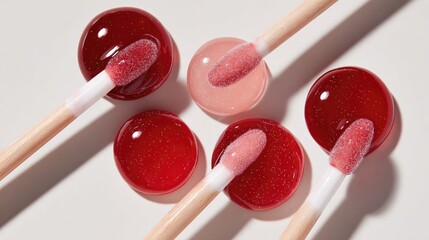 Beauty editorial shot of lip gloss applicators with rich rose pink and red drops, luminous shine, and clean white backdrop for branding