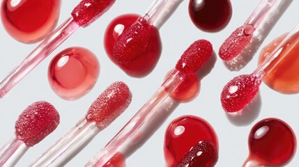 Beauty editorial shot of lip gloss applicators with rich rose pink and red drops, luminous shine, and clean white backdrop for branding