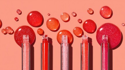 Beauty photography flat lay of lip gloss applicators with scattered drops of coral, red, and pink gloss, luminous glossy textures