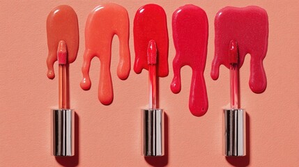 Artistic macro flat lay of lip gloss applicators with glossy drips in coral, red, and pink shades, modern clean background aesthetic