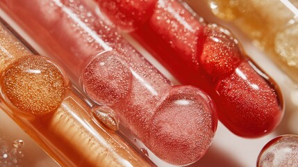 Editorial beauty flat lay with close-up lip gloss wands, shiny textures of liquid drops, smooth highlights glowing under white light