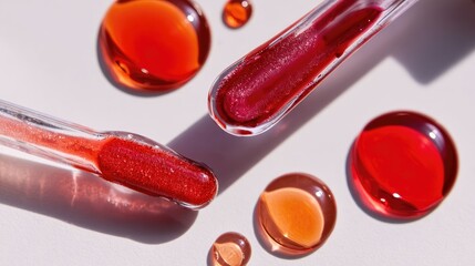 Editorial flat lay featuring sleek lip gloss wands with thick vibrant liquid drops, high-shine textures, and hyper-realistic reflections on white