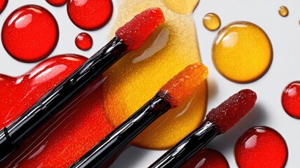Editorial flat lay featuring sleek lip gloss wands with thick vibrant liquid drops, high-shine textures, and hyper-realistic reflections on white