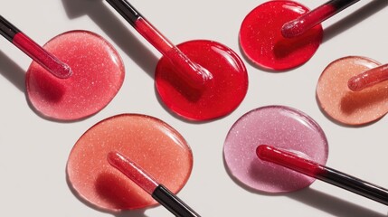 Editorial flat lay featuring sleek lip gloss wands with thick vibrant liquid drops, high-shine textures, and hyper-realistic reflections on white