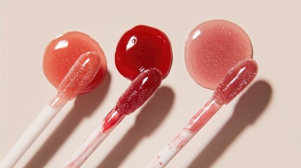 Flat lay close-up of glossy lip gloss applicators with coral peach, cherry red, and rose pink drops on a white background, reflecting luxurious shine