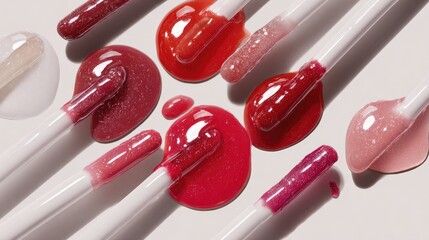 Editorial flat lay featuring sleek lip gloss wands with thick vibrant liquid drops, high-shine textures, and hyper-realistic reflections on white
