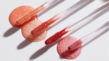 Flat lay close-up of glossy lip gloss applicators with coral peach, cherry red, and rose pink drops on a white background, reflecting luxurious shine