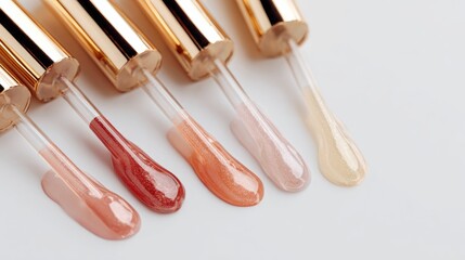 High-end cosmetic flat lay with glossy lip gloss applicators, thick drops glowing on a pristine white background, luxury branding vibe