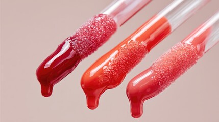 Hyper-detailed close-up of shiny lip gloss wands, dripping coral peach and cherry red gloss on a clean white background, elegant beauty styling