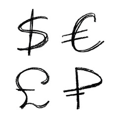 Obraz premium Hand drawn multiple currencies symbol set Dollar euro pound ruble