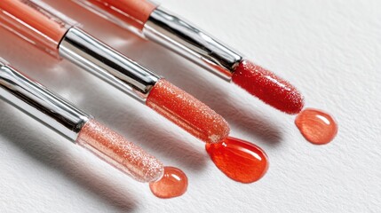 Hyper-detailed close-up of shiny lip gloss wands, dripping coral peach and cherry red gloss on a clean white background, elegant beauty styling