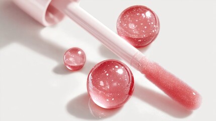 Hyper-realistic textures of lip gloss applicators with glowing liquid drops, reflecting smooth highlights on a minimalist white background