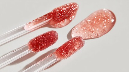 Hyper-realistic textures of lip gloss applicators with glowing liquid drops, reflecting smooth highlights on a minimalist white background