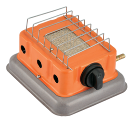 Portable orange ceramic gas heater with metal grill on black background, efficient outdoor heating appliance for camping trips, home heating utility for warmth and comfort, energy-saving device concep