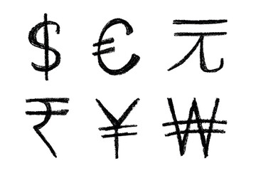 Hand drawn multiple currencies symbol set Dollar euro yuan yen won rupee