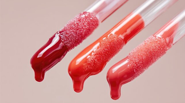 Hyper-detailed close-up of shiny lip gloss wands, dripping coral peach and cherry red gloss on a clean white background, elegant beauty styling