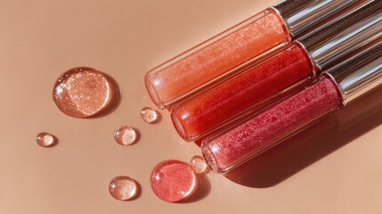 Ultra-detailed cosmetic flat lay of lip gloss wands with coral peach, cherry red, and rose pink liquid drops creating a luxe look