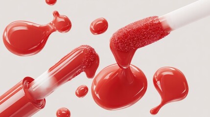 Vibrant coral and cherry red lip gloss drops dripping from applicators, hyper-realistic glossy finish on minimalist white background