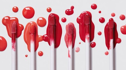 Vibrant coral and cherry red lip gloss drops dripping from applicators, hyper-realistic glossy finish on minimalist white background