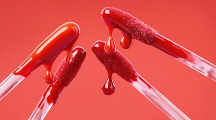 Vibrant coral and cherry red lip gloss drops dripping from applicators, hyper-realistic glossy finish on minimalist white background