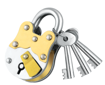 Close-up view of a vintage metal padlock with a set of three silver keys on a black background, security and safety concept symbolizing protection and access control in locksmith services