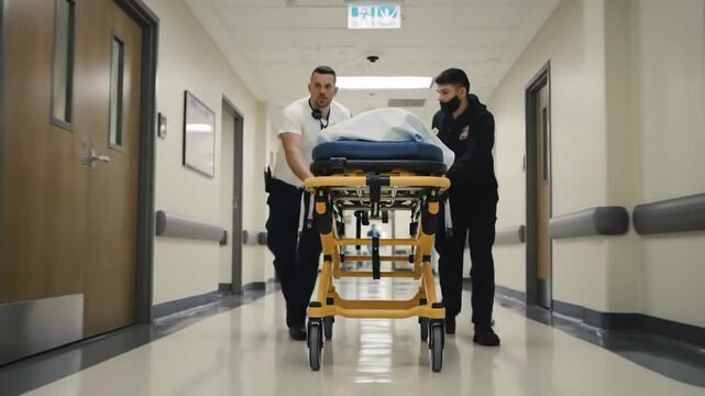 EMT rushes patient stretcher fast through bright hospital ER hallway slow motion
