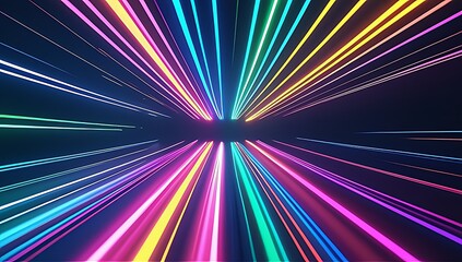 Vibrant multicolor laser lines exploding outward from a central point on a dark cosmic background. Perfect for festival posters, DJ event graphics, or energetic digital wall art.