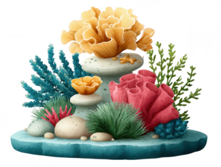 A vibrant coral reef scene featuring various colorful corals, sea plants, and stones, showcasing the beauty of underwater life.