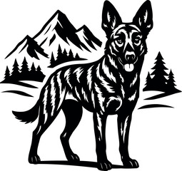 Dutch Shepherd Dog Silhouette with Mountains and Trees