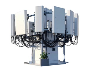 Ultra-detailed 8K close-up side view of a clean white 5G antenna tower on a rooftop 789336