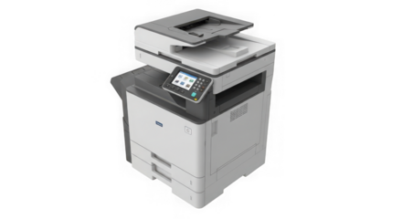 Modern office multifunction printer with scanner and copier isolated on transparent background